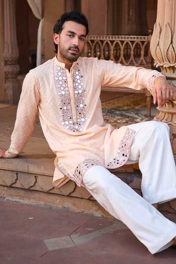 Shop Darzi House Peach Chanderi Aaina Embroidered Kurta Set Online at Aza Fashions Shop_Darzi House_Peach Chanderi Aaina Embroidered Kurta Set _Online_at_Aza_Fashions