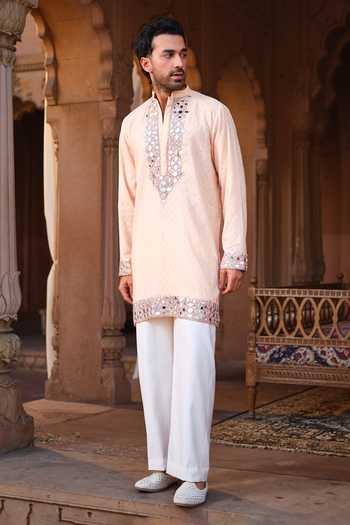 Darzi House Peach Chanderi Aaina Embroidered Kurta Set at Aza Fashions Darzi House_Peach Chanderi Aaina Embroidered Kurta Set _at_Aza_Fashions