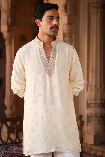 Darzi House_Beige Georgette Mandana Embroidered Kurta Set _Online_at_Aza_Fashions