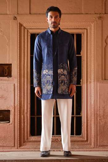Buy_Darzi House_Blue Chanderi Silk Chitrasari Embroidered Jacket And Kurta Set _Online_at_Aza_Fashions