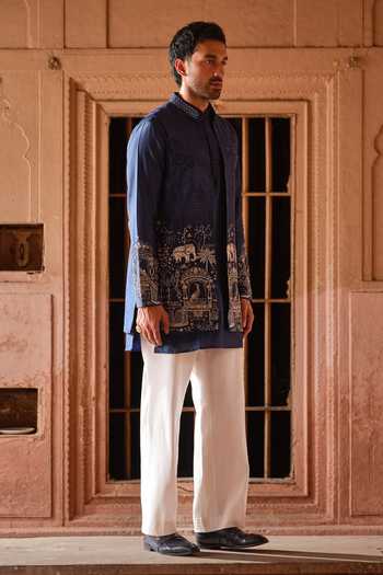 Shop_Darzi House_Blue Chanderi Silk Chitrasari Embroidered Jacket And Kurta Set _Online_at_Aza_Fashions