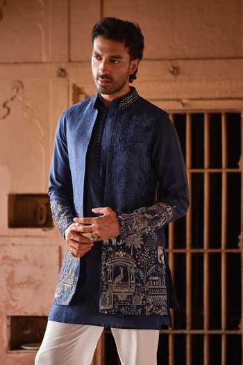 Darzi House_Blue Chanderi Silk Chitrasari Embroidered Jacket And Kurta Set _at_Aza_Fashions