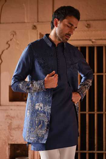 Buy_Darzi House_Blue Chanderi Silk Chitrasari Embroidered Jacket And Kurta Set 