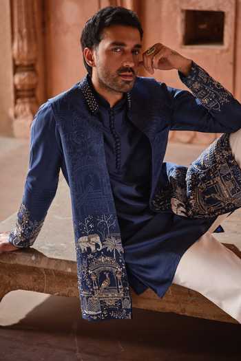Shop_Darzi House_Blue Chanderi Silk Chitrasari Embroidered Jacket And Kurta Set 