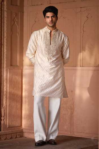 Shop_Darzi House_Ivory Chanderi Silk Suraj Pol Bandhani And Embroidered Kurta Set _Online_at_Aza_Fashions
