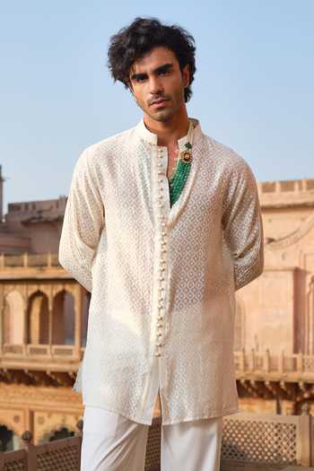 Darzi House_Off White Chanderi, Jacquard Marwar Jharokha Shirt Kurta Set _Online_at_Aza_Fashions