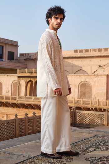 Buy_Darzi House_Off White Chanderi, Jacquard Marwar Jharokha Shirt Kurta Set _Online_at_Aza_Fashions
