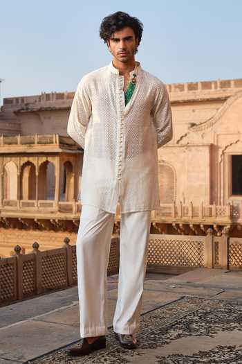 Shop_Darzi House_Off White Chanderi, Jacquard Marwar Jharokha Shirt Kurta Set _Online_at_Aza_Fashions