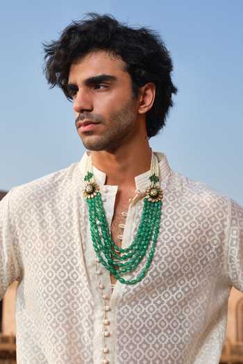 Darzi House_Off White Chanderi, Jacquard Marwar Jharokha Shirt Kurta Set _at_Aza_Fashions