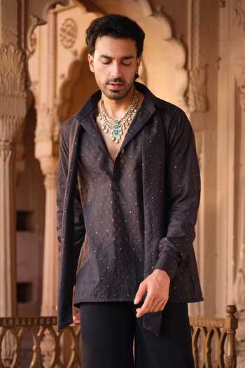 Darzi House Black Chanderi, Jacquard Shahpura Textured Draped Kurta Set Online at Aza Fashions Darzi House_Black Chanderi, Jacquard Shahpura Textured Draped Kurta Set _Online_at_Aza_Fashions