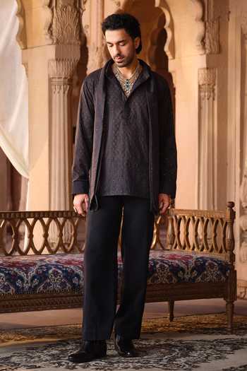 Shop Darzi House Black Chanderi, Jacquard Shahpura Textured Draped Kurta Set Online at Aza Fashions Shop_Darzi House_Black Chanderi, Jacquard Shahpura Textured Draped Kurta Set _Online_at_Aza_Fashions