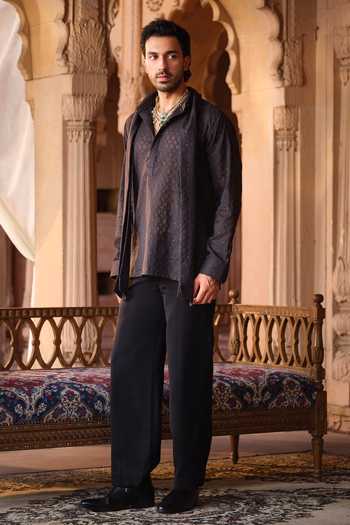 Darzi House Black Chanderi, Jacquard Shahpura Textured Draped Kurta Set at Aza Fashions Darzi House_Black Chanderi, Jacquard Shahpura Textured Draped Kurta Set _at_Aza_Fashions