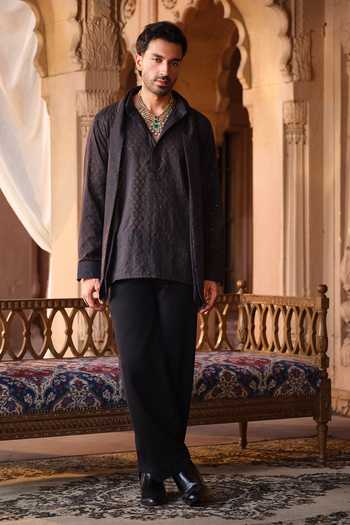 Buy Darzi House Black Chanderi, Jacquard Shahpura Textured Draped Kurta Set Buy_Darzi House_Black Chanderi, Jacquard Shahpura Textured Draped Kurta Set