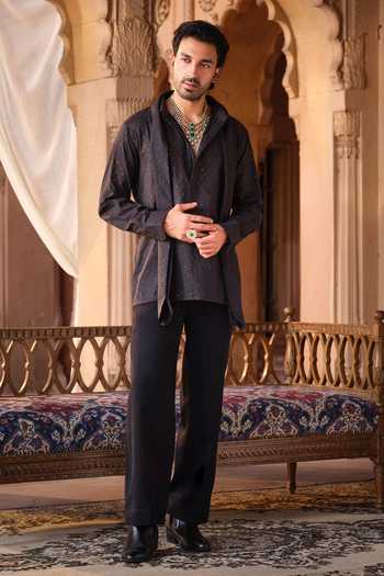 Shop Darzi House Black Chanderi, Jacquard Shahpura Textured Draped Kurta Set Shop_Darzi House_Black Chanderi, Jacquard Shahpura Textured Draped Kurta Set