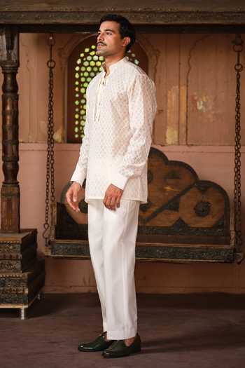 Shop Darzi House Ivory Chanderi, Jacquard Sanganer Mukaish Work Short Kurta Set Online at Aza Fashions Shop_Darzi House_Ivory Chanderi, Jacquard Sanganer Mukaish Work Short Kurta Set _Online_at_Aza_Fashions