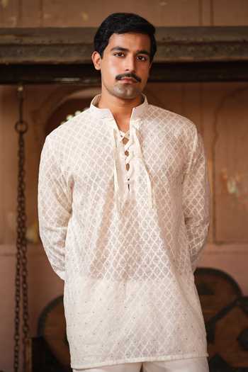 Buy Darzi House Ivory Chanderi, Jacquard Sanganer Mukaish Work Short Kurta Set Buy_Darzi House_Ivory Chanderi, Jacquard Sanganer Mukaish Work Short Kurta Set
