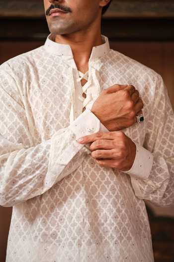 Shop Darzi House Ivory Chanderi, Jacquard Sanganer Mukaish Work Short Kurta Set Shop_Darzi House_Ivory Chanderi, Jacquard Sanganer Mukaish Work Short Kurta Set