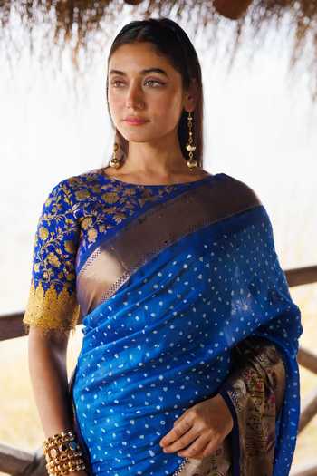 Geroo Jaipur Blue Silk Boat Neck Zari Woven Saree With Blouse Online at Aza Fashions Geroo Jaipur_Blue Silk Boat Neck Zari Woven Saree With Blouse _Online_at_Aza_Fashions
