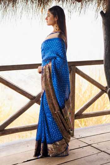Buy Geroo Jaipur Blue Silk Boat Neck Zari Woven Saree With Blouse Online at Aza Fashions Buy_Geroo Jaipur_Blue Silk Boat Neck Zari Woven Saree With Blouse _Online_at_Aza_Fashions