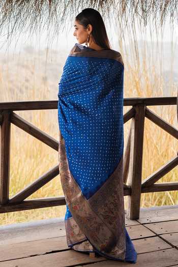 Shop Geroo Jaipur Blue Silk Boat Neck Zari Woven Saree With Blouse Online at Aza Fashions Shop_Geroo Jaipur_Blue Silk Boat Neck Zari Woven Saree With Blouse _Online_at_Aza_Fashions