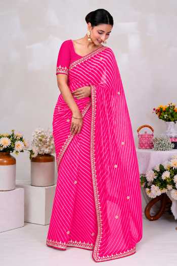 Geroo Jaipur Pink Georgette Square Neck Leheriya Saree With Blouse Online at Aza Fashions Geroo Jaipur_Pink Georgette Square Neck Leheriya Saree With Blouse _Online_at_Aza_Fashions