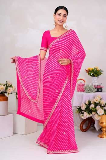 Buy Geroo Jaipur Pink Georgette Square Neck Leheriya Saree With Blouse Online at Aza Fashions Buy_Geroo Jaipur_Pink Georgette Square Neck Leheriya Saree With Blouse _Online_at_Aza_Fashions