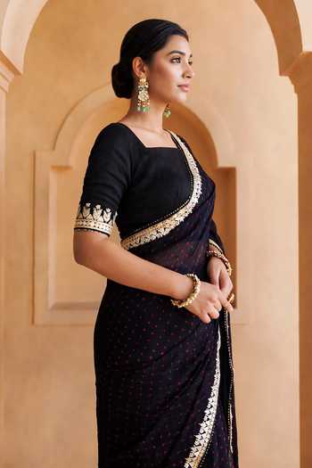 Geroo Jaipur_Black Georgette Square Neck Gota Patti Embroidered Saree With Blouse _Online_at_Aza_Fashions