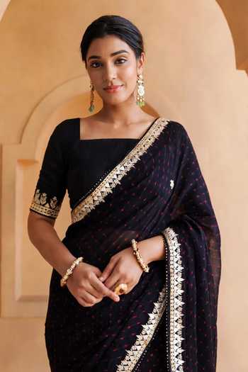 Buy_Geroo Jaipur_Black Georgette Square Neck Gota Patti Embroidered Saree With Blouse _Online_at_Aza_Fashions
