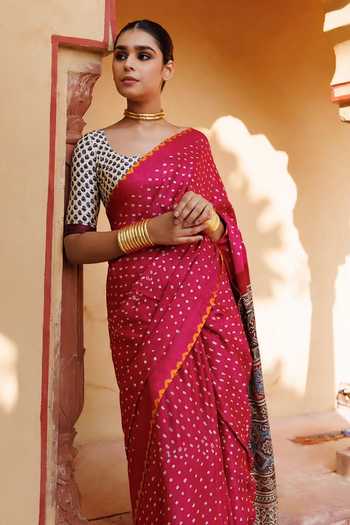 Geroo Jaipur_Magenta Silk Square Neck Hand Block Print Gajji Saree With Blouse _Online_at_Aza_Fashions