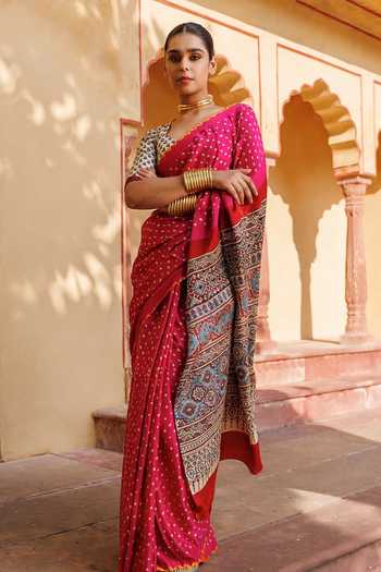 Geroo Jaipur Hand Block Print Gajji Silk Saree With Blouse 