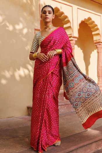 Geroo Jaipur Hand Block Print Gajji Silk Saree With Blouse 
