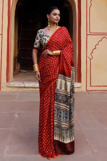 Geroo Jaipur Ajrakh Print Gajji Silk Saree Set With Blouse 