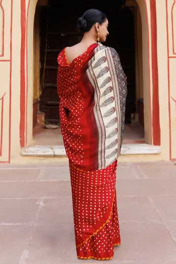 Geroo Jaipur Ajrakh Print Gajji Silk Saree Set With Blouse 