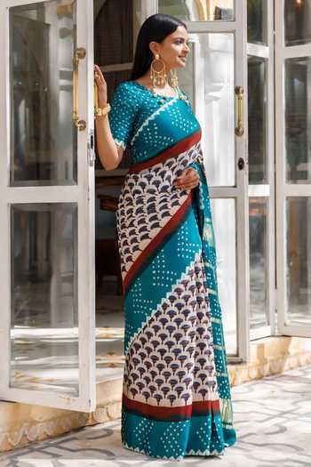 Geroo Jaipur Blue Silk, Modal Round Neck Bandhani And Zari Gharchola Pallu Saree With Blouse Online at Aza Fashions Geroo Jaipur_Blue Silk, Modal Round Neck Bandhani And Zari Gharchola Pallu Saree With Blouse _Online_at_Aza_Fashions