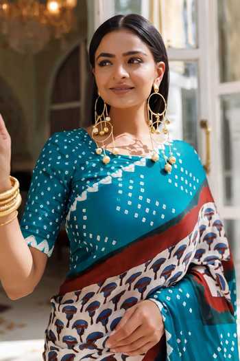 Buy Geroo Jaipur Blue Silk, Modal Round Neck Bandhani And Zari Gharchola Pallu Saree With Blouse Online at Aza Fashions Buy_Geroo Jaipur_Blue Silk, Modal Round Neck Bandhani And Zari Gharchola Pallu Saree With Blouse _Online_at_Aza_Fashions