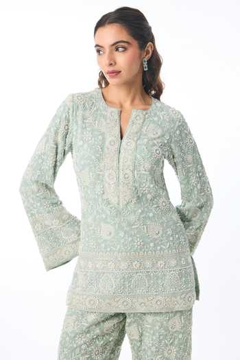 Buy Gopi Vaid Blue Georgette Split V-neck Myra Chikankari Work Kurta And Pant Set Online at Aza Fashions Buy_Gopi Vaid_Blue Georgette Split V-neck Myra Chikankari Work Kurta And Pant Set _Online_at_Aza_Fashions