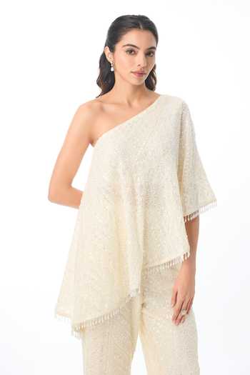 Buy Gopi Vaid Yellow Georgette One Shoulder Zara Chikankari Top And Pant Set Online at Aza Fashions Buy_Gopi Vaid_Yellow Georgette One Shoulder Zara Chikankari Top And Pant Set _Online_at_Aza_Fashions