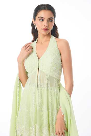 Gopi Vaid Green Georgette Halter Neck Naisha Chikankari Peplum Top Set Online at Aza Fashions Gopi Vaid_Green Georgette Halter Neck Naisha Chikankari Peplum Top Set _Online_at_Aza_Fashions