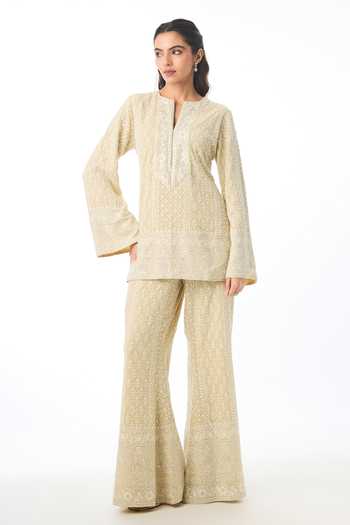 Gopi Vaid Trisha Chikankari Work Top & Palazzo Set 