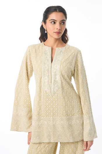 Buy Gopi Vaid Yellow Georgette Embroidery Split Trisha Chikankari Work Top And Palazzo Set Online at Aza Fashions Buy_Gopi Vaid_Yellow Georgette Embroidery Split Trisha Chikankari Work Top And Palazzo Set _Online_at_Aza_Fashions