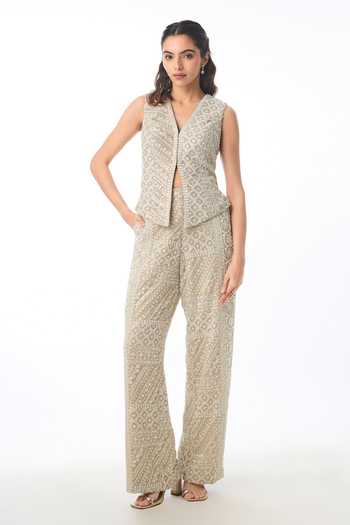 Gopi Vaid Ziva Chikankari Work Vest & Pant Set 