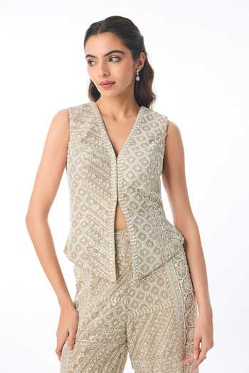 Gopi Vaid Brown Georgette V-neck Ziva Chikankari Work Vest And Pant Set Online at Aza Fashions Gopi Vaid_Brown Georgette V-neck Ziva Chikankari Work Vest And Pant Set _Online_at_Aza_Fashions