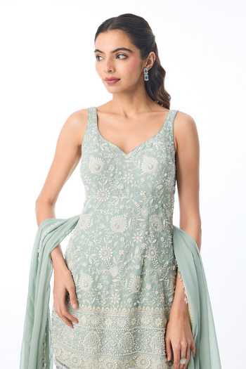 Gopi Vaid Blue Georgette V-neck, Yes Vanya Chikankari Embroidered Kurta Set Online at Aza Fashions Gopi Vaid_Blue Georgette V-neck, Yes Vanya Chikankari Embroidered Kurta Set _Online_at_Aza_Fashions