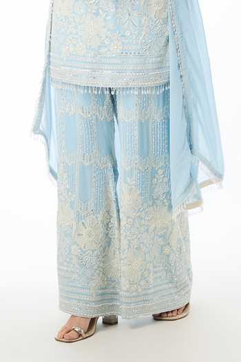 Gopi Vaid Blue Georgette V-neck Kashvi Chikankari Kurta Pant Set Online at Aza Fashions Gopi Vaid_Blue Georgette V-neck Kashvi Chikankari Kurta Pant Set _Online_at_Aza_Fashions
