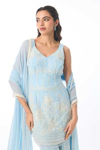 Buy Gopi Vaid Blue Georgette V-neck Kashvi Chikankari Kurta Pant Set Online at Aza Fashions Buy_Gopi Vaid_Blue Georgette V-neck Kashvi Chikankari Kurta Pant Set _Online_at_Aza_Fashions