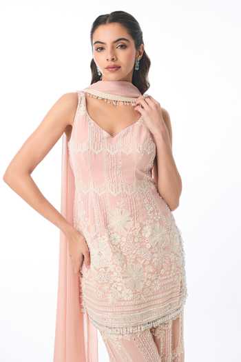 Gopi Vaid Pink Georgette V-neck Kashvi Chikankari Embroidered Kurta Set Online at Aza Fashions Gopi Vaid_Pink Georgette V-neck Kashvi Chikankari Embroidered Kurta Set _Online_at_Aza_Fashions