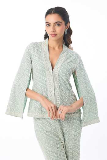 Gopi Vaid Blue Georgette V-neck Aarika Chikankari Jacket And Pant Set Online at Aza Fashions Gopi Vaid_Blue Georgette V-neck Aarika Chikankari Jacket And Pant Set _Online_at_Aza_Fashions