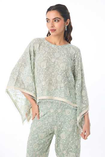 Buy Gopi Vaid Blue Georgette Round Neck Ishira Chikankari Top And Pant Set Online at Aza Fashions Buy_Gopi Vaid_Blue Georgette Round Neck Ishira Chikankari Top And Pant Set _Online_at_Aza_Fashions