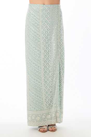Gopi Vaid Blue Georgette Halter Neck Shanaya Chikankari Top And Skirt Set Online at Aza Fashions Gopi Vaid_Blue Georgette Halter Neck Shanaya Chikankari Top And Skirt Set _Online_at_Aza_Fashions