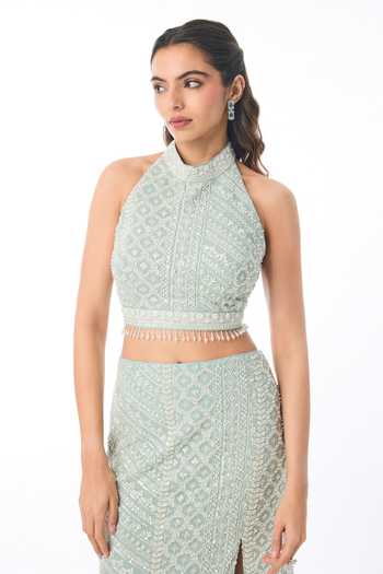 Buy Gopi Vaid Blue Georgette Halter Neck Shanaya Chikankari Top And Skirt Set Online at Aza Fashions Buy_Gopi Vaid_Blue Georgette Halter Neck Shanaya Chikankari Top And Skirt Set _Online_at_Aza_Fashions